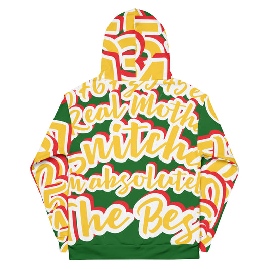 hoodie exclusive unique streetwear style, all over printed gold-yellow, red, green with words and numbers made by paradiso og streetwear brand