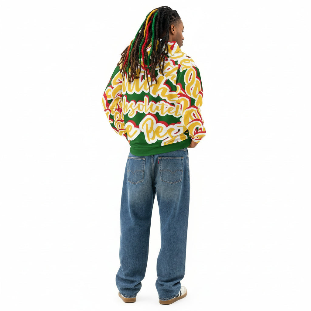 hoodie exclusive unique streetwear style, all over printed gold-yellow, red, green with words and numbers made by paradiso og streetwear label