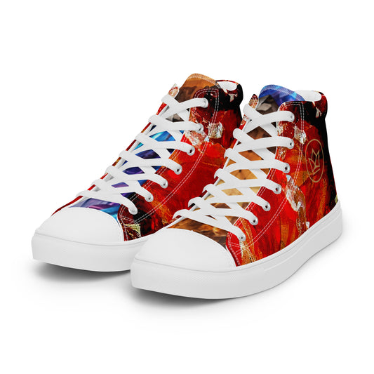 mens limited crystal high top canvas Sneakers with a exclusive, unique and luxury all over printed color design in, red proustit, orange topaz and blue zircon crystal art-design made by absolut paradiso og, urban art streetwear fashion, phygitals an lifestyle brand.