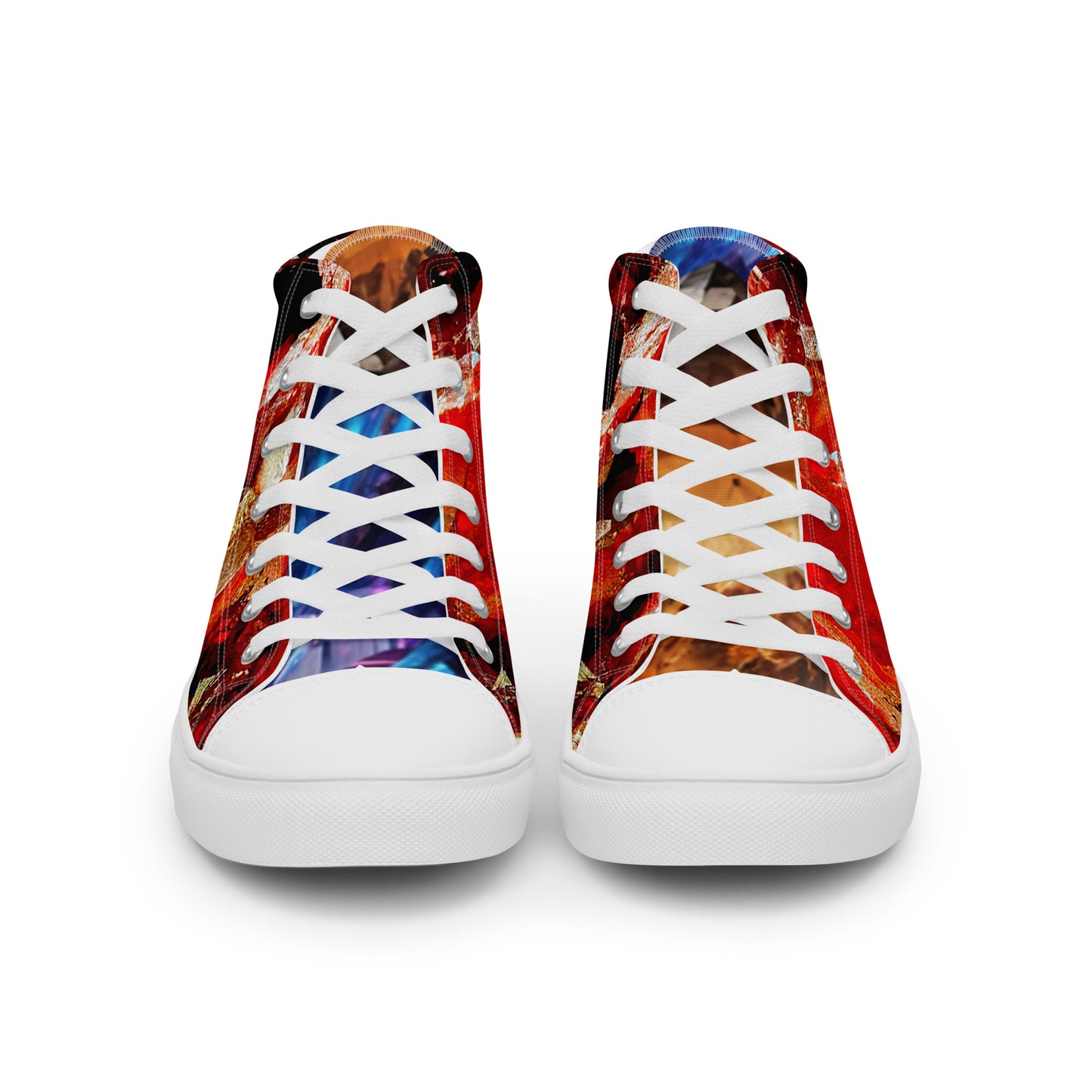 mens limited crystal high top canvas Sneakers with a exclusive, unique and luxury all over printed color design in, red proustit, orange topaz and blue zircon crystal art-design made by absolut paradiso og, urban art streetwear fashion, phygitals an lifestyle brand.