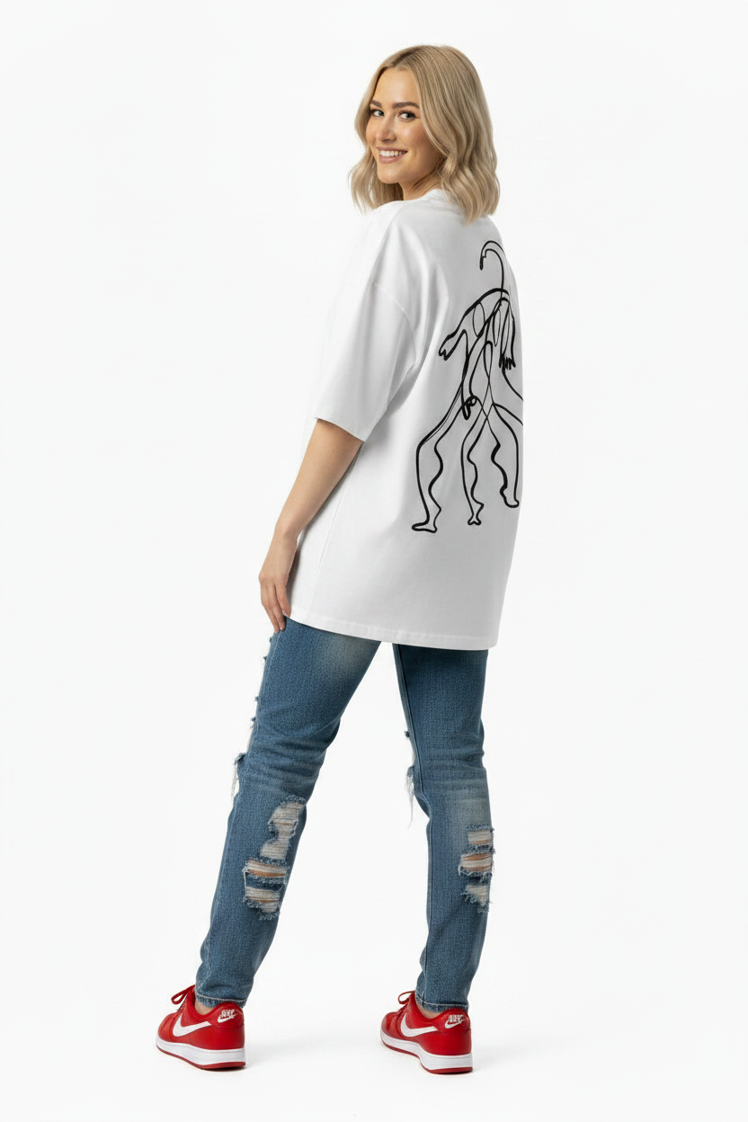 Paradiso No.244 Limited Edition Oversized T-Shirt in white – back View – NFT-Backed One-Liner Artwork by Solo Paradiso – Only 333 Ever Produced – Polygon Blockchain