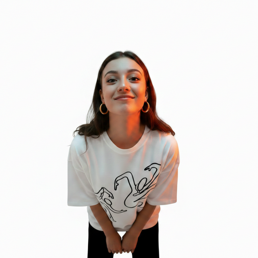 paradiso no96 limited-edition 333 oversized cotton tshirt-Model white front-nft-backed polygon solo paradiso one-liner