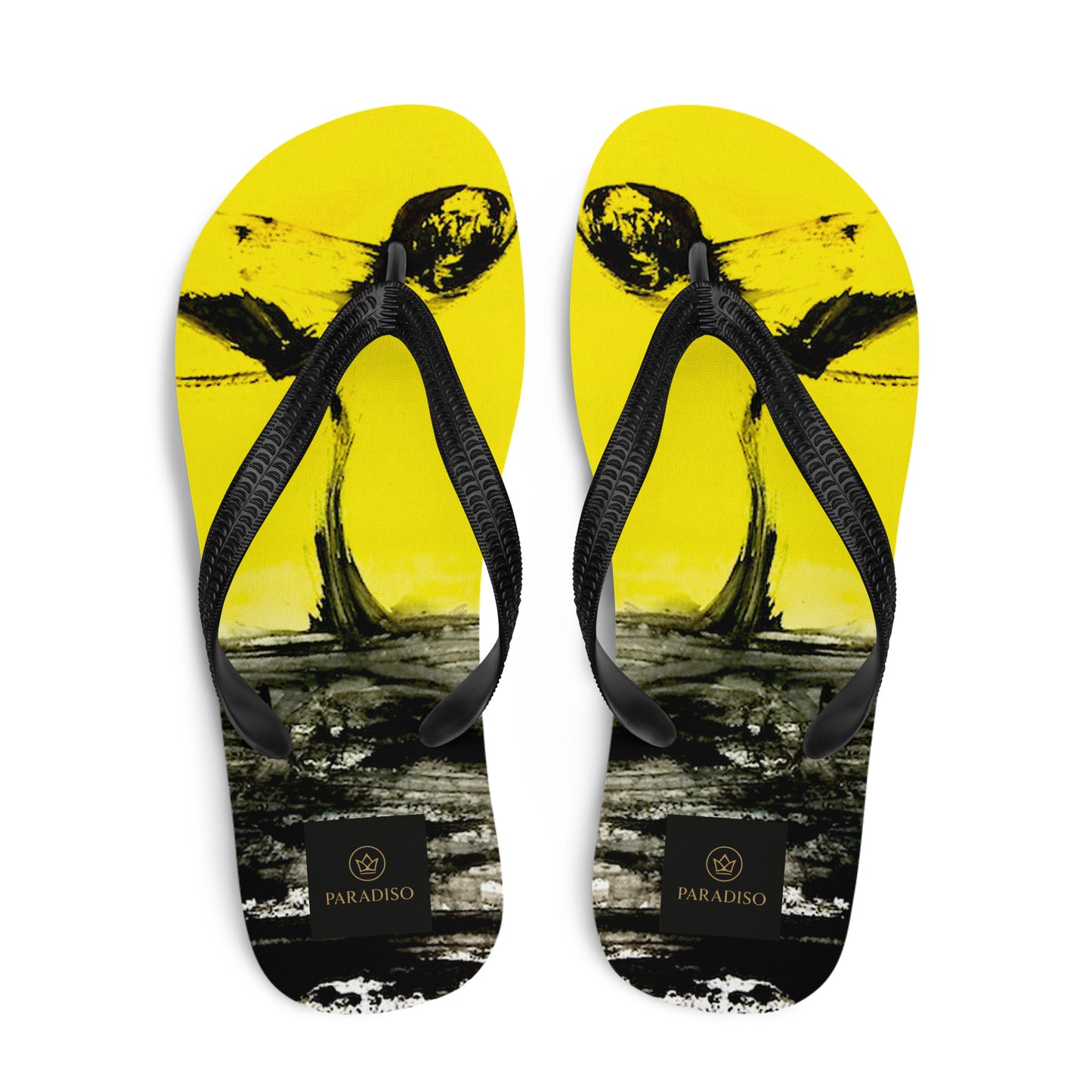 slippers, flip flops yellow and black, unique, rare and stylish art expression black lives matter art print, unisex, design by Paradiso OG