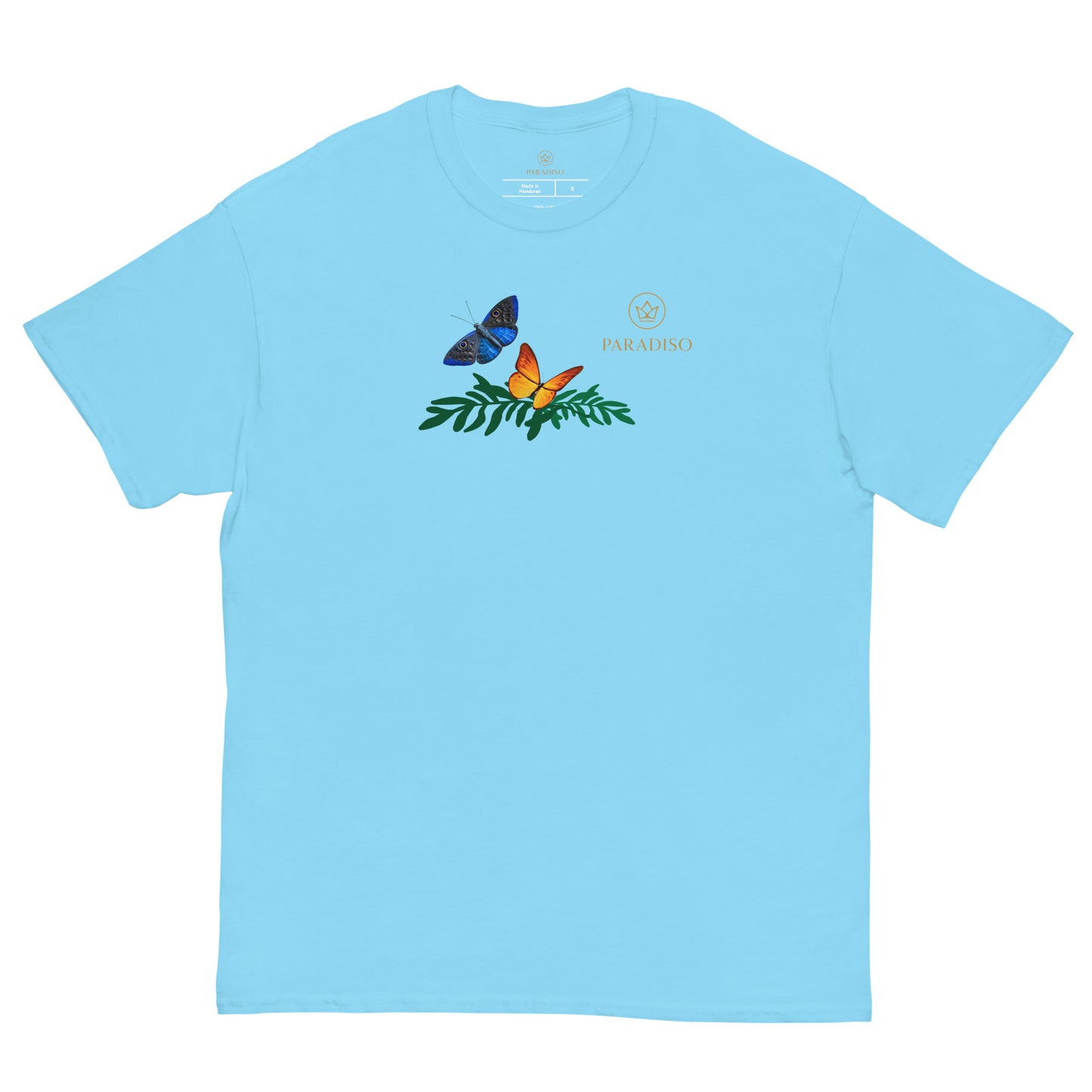 classic t-shirt unisex 100% cotton sky blue with golden logo and colorful butterflies on front, design by Paradiso streetwear label.