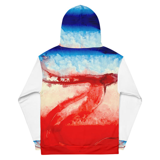 Hoodie white, exclusive, rare, fresh and stylish expression on back and hood, welcome in, blue, white and red art print, unisex cotton, art-design by Paradiso OG