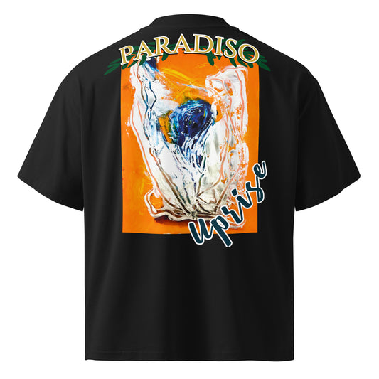 unisex t-shirt oversized black with organic-oversized, logo on back, orange, white and blue art design by paradiso og