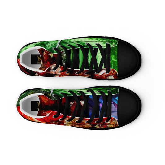womens limited crystal high top canvas Sneakers with a exclusive, rare and luxury all over printed color design in, red proustit, green sapphire and blue zircon crystal art-design made by absolut paradiso og, urban art streetwear fashion, phygitals an lifestyle brand.