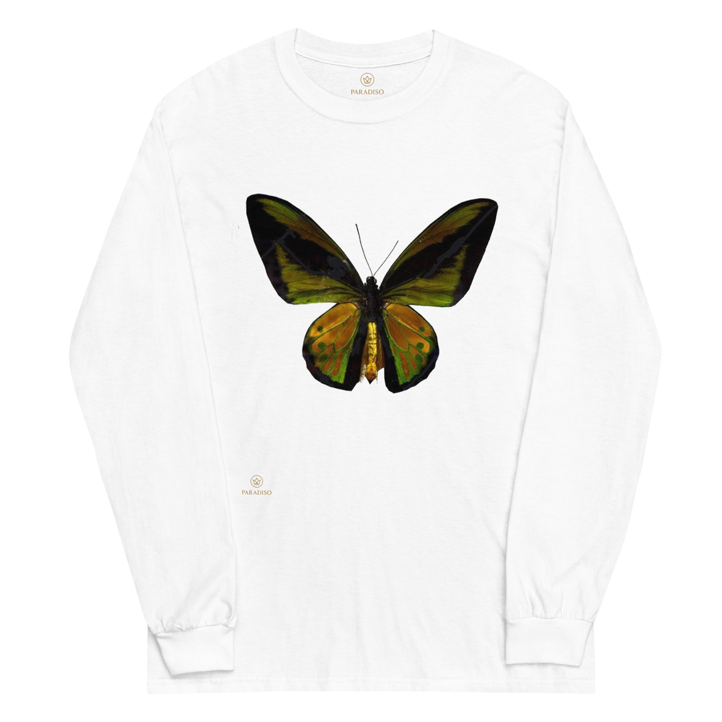 butterfly-green-black-unisex-long-sleeve-shirt-white-front-paradiso.1.pic