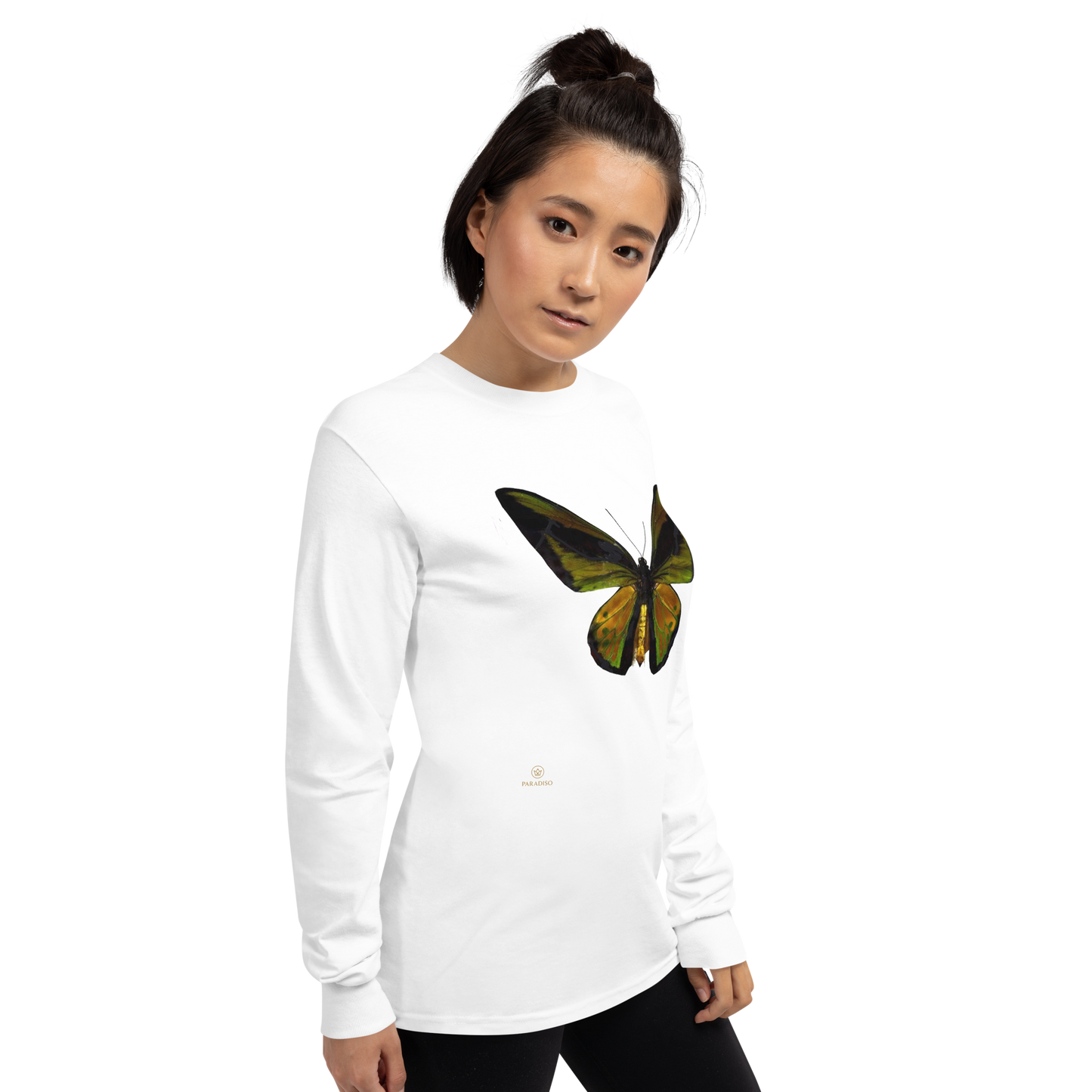 butterfly-green-black-unisex-long-sleeve-shirt-white-right-front-paradiso.1.picture