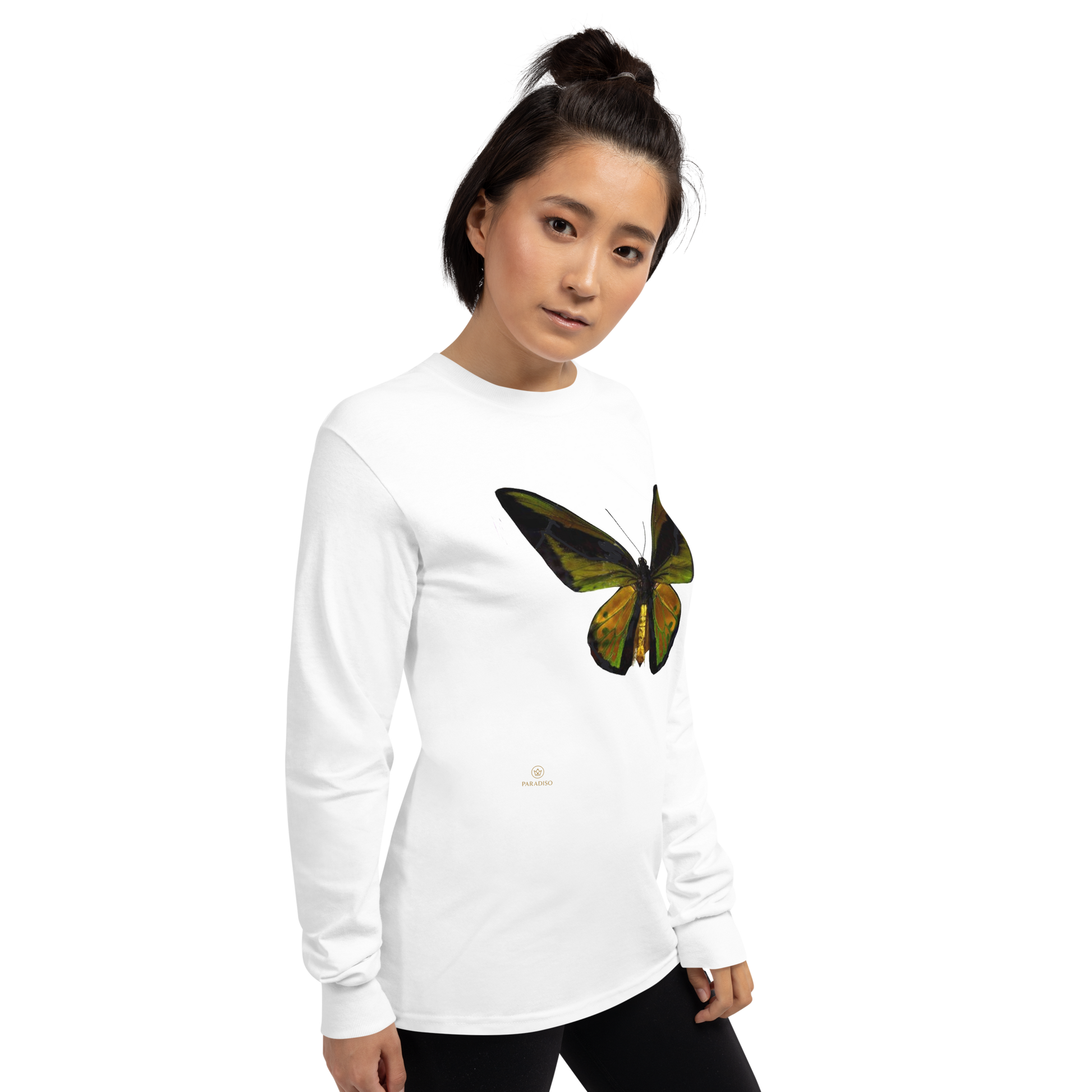 butterfly-green-black-unisex-long-sleeve-shirt-white-right-front-paradiso.1.picture
