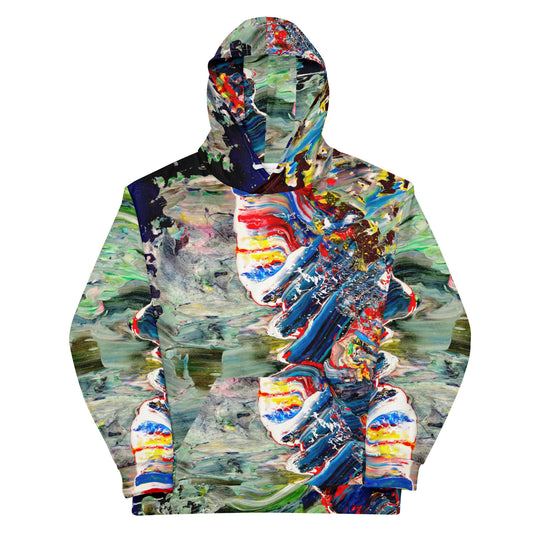 unisex hoodie multicolor, green, red, blue, white and yelow, expressive and abstract artwork printed streetwear design style by paradiso og.