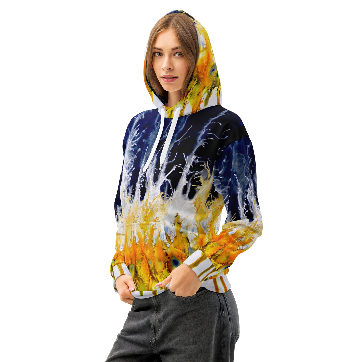 Hoodie unisex, multicolor black, white, yellow and orange, streetwear Art Design by Paradiso OG – High Quality Front Mockup