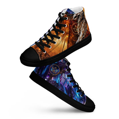 sneaker high top black for men, yellow crystal quartz and purple meteorite art design print streetwear, art design by paradiso og