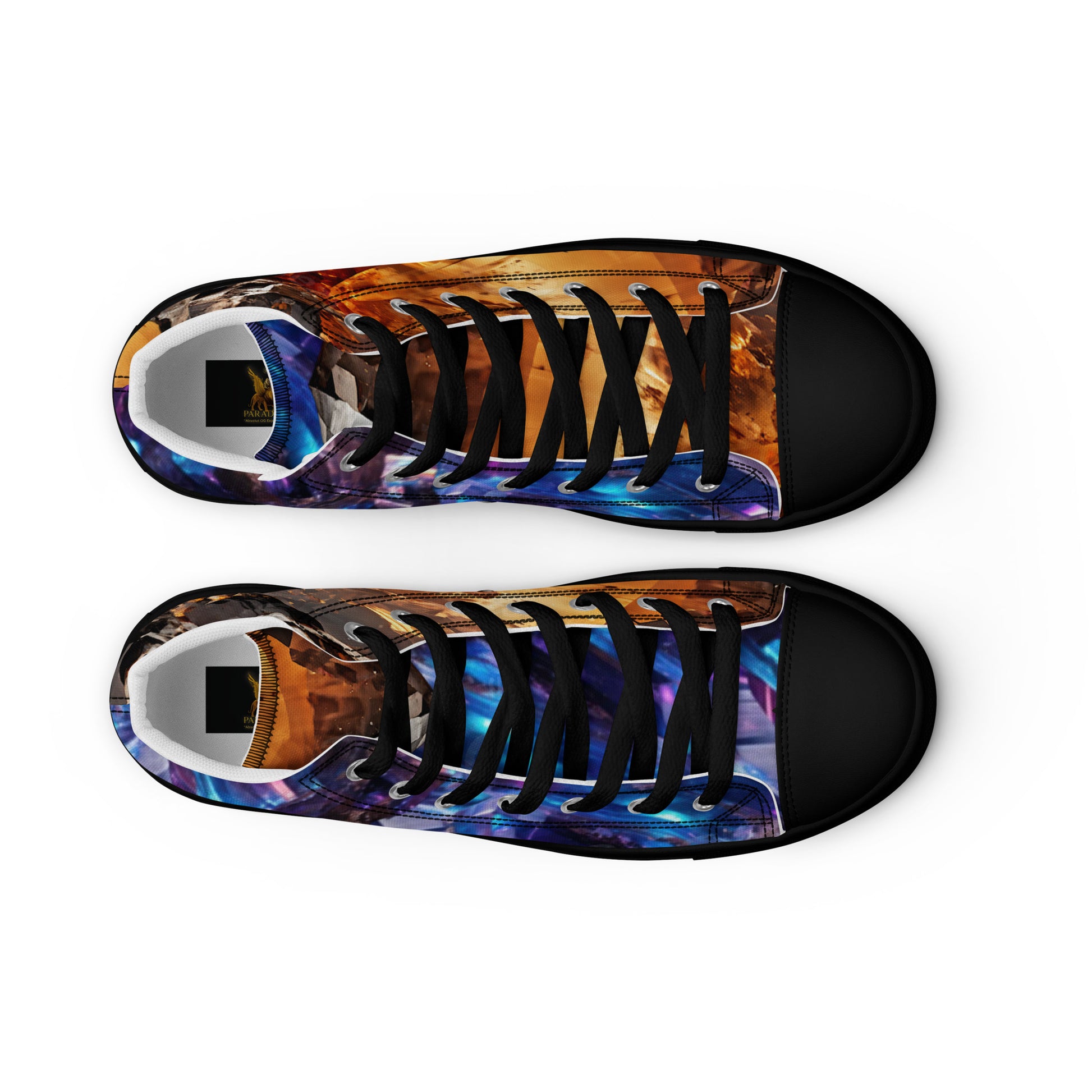 sneaker high top black for men, yellow crystal quartz, purple meteorite art design print streetwear, art design by paradiso og