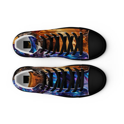 sneaker high top black for men, yellow crystal quartz, purple meteorite art design print streetwear, art design by paradiso og