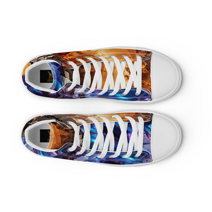 sneaker high top white for men, yellow crystal quartz as well purple meteorite art design print streetwear, art design by paradiso og