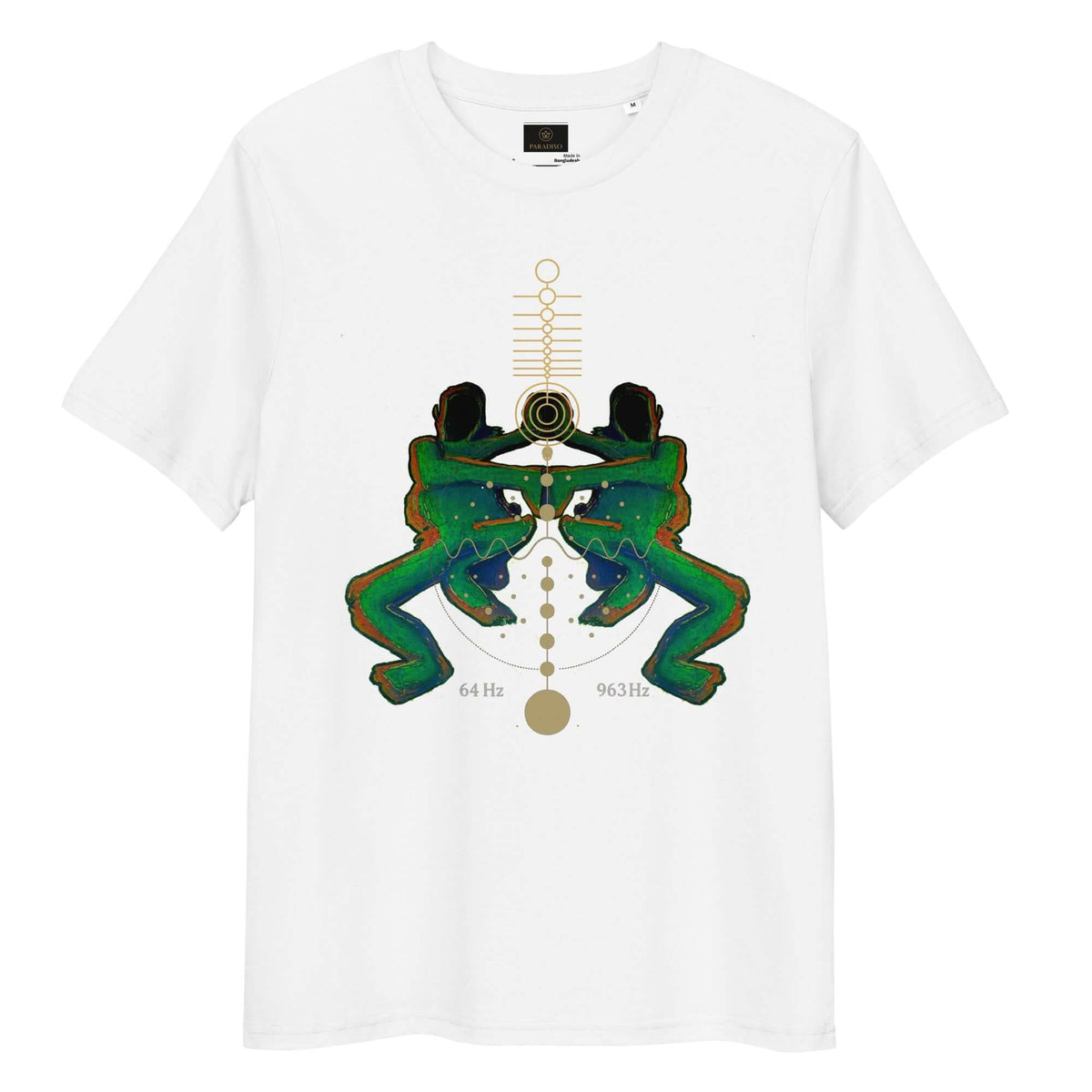 T-shirt white spiritual ain soph art design multicolor orange, green, gold and black made by urban streetwear fashion label paradiso OG