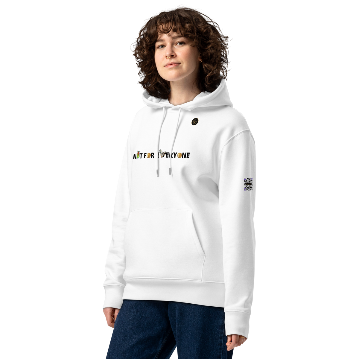 limited unisex essential eco hoodie white front with golden golf balls and crystal rock made by absolut paradiso og, urban art streetwear fashion, phygitals and lifestyle brand