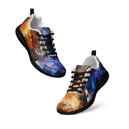 athletic shoe black for men, yellow crystal quartz and purple meteorite streetwear, art design by paradiso og