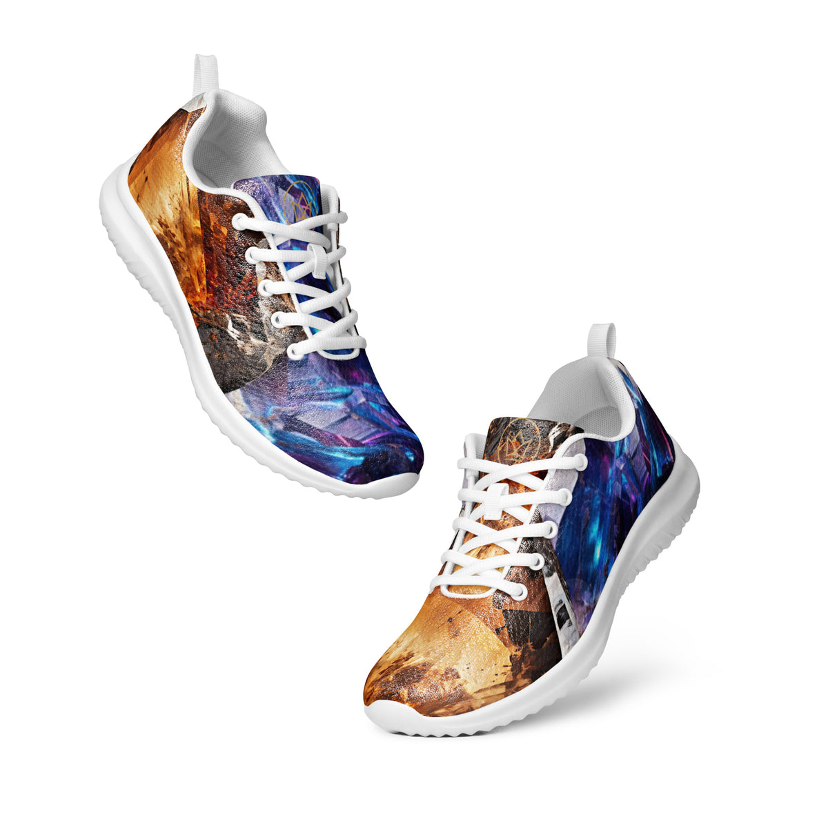 athletic shoe white for men, yellow crystal quartz and purple meteorite streetwear, art design by paradiso og