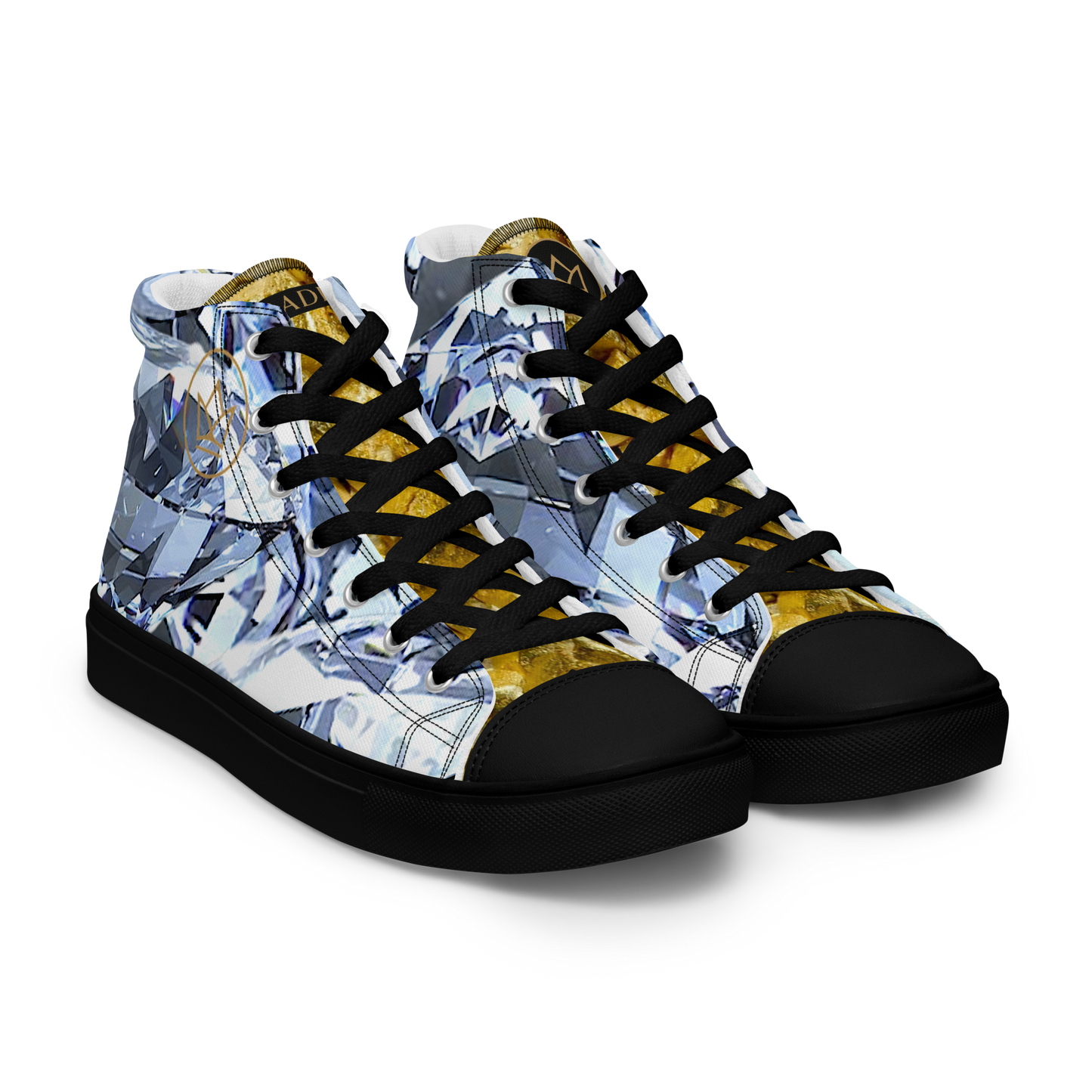 mens limited crystal diamond and gold high top canvas Sneakers with a exclusive, rare and luxury all over printed special diamond & gold color design made by absolut paradiso og, urban art streetwear fashion, phygitals an lifestyle brand. 
