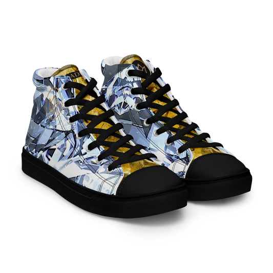 mens limited crystal diamond and gold high top canvas Sneakers with a exclusive, rare and luxury all over printed special diamond & gold color design made by absolut paradiso og, urban art streetwear fashion, phygitals an lifestyle brand. 
