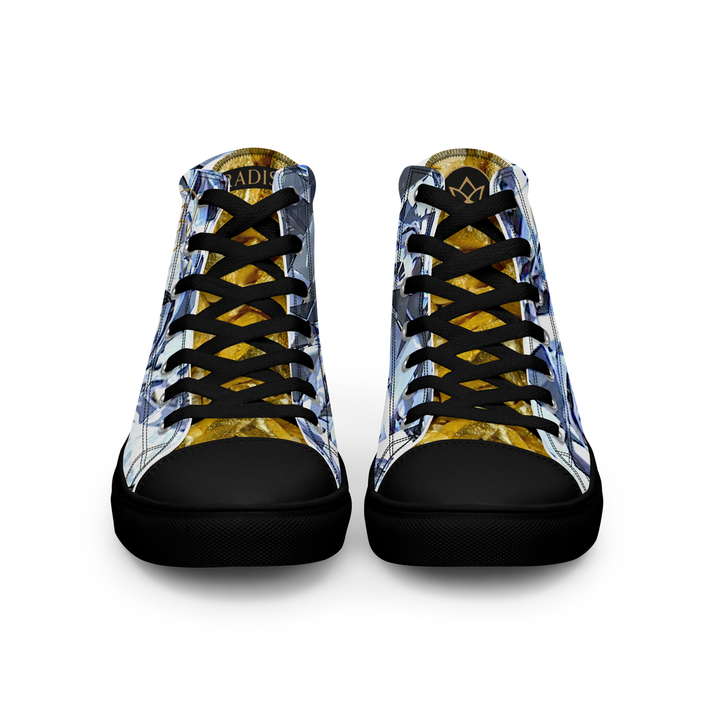 mens limited crystal diamond and gold high top canvas Sneakers with a exclusive, rare and luxury all over printed special diamond & gold color design made by absolut paradiso og, urban art streetwear fashion, phygitals an lifestyle brand. 
