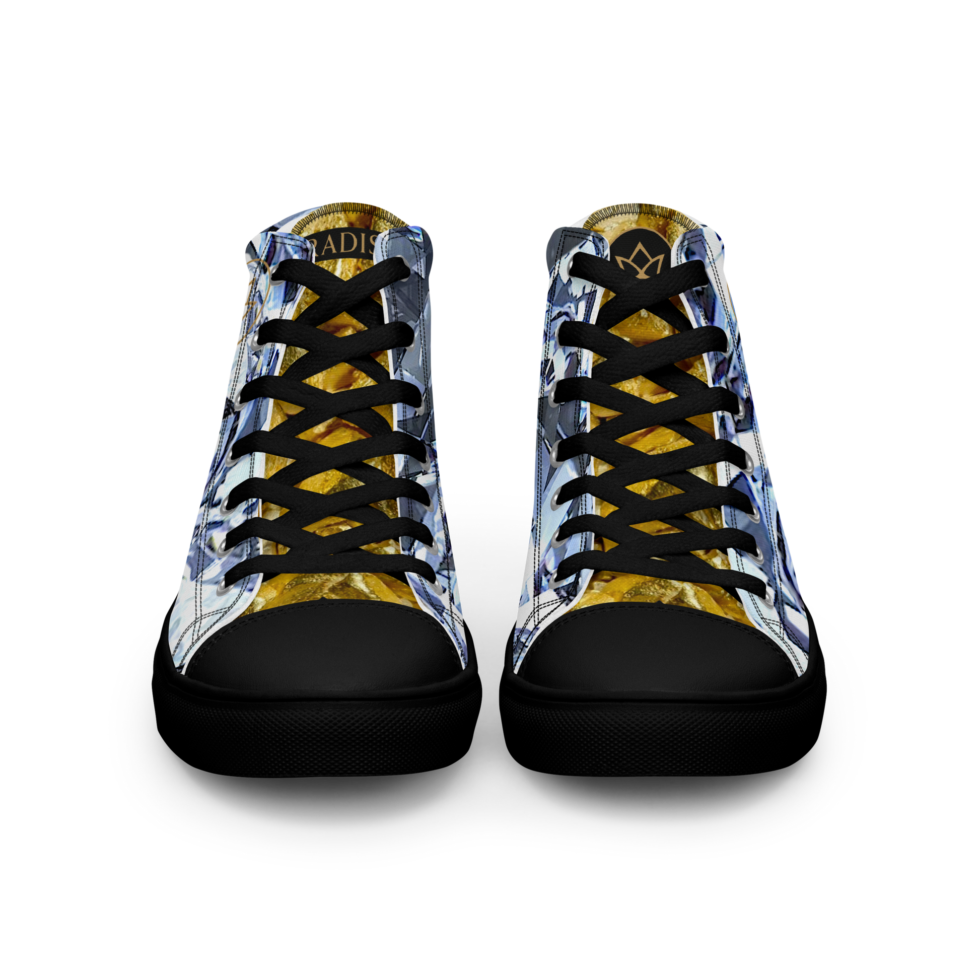 mens limited crystal diamond and gold high top canvas Sneakers with a exclusive, rare and luxury all over printed special diamond & gold color design made by absolut paradiso og, urban art streetwear fashion, phygitals an lifestyle brand. 
