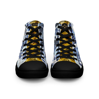 mens limited crystal diamond and gold high top canvas Sneakers with a exclusive, rare and luxury all over printed special diamond & gold color design made by absolut paradiso og, urban art streetwear fashion, phygitals an lifestyle brand. 
