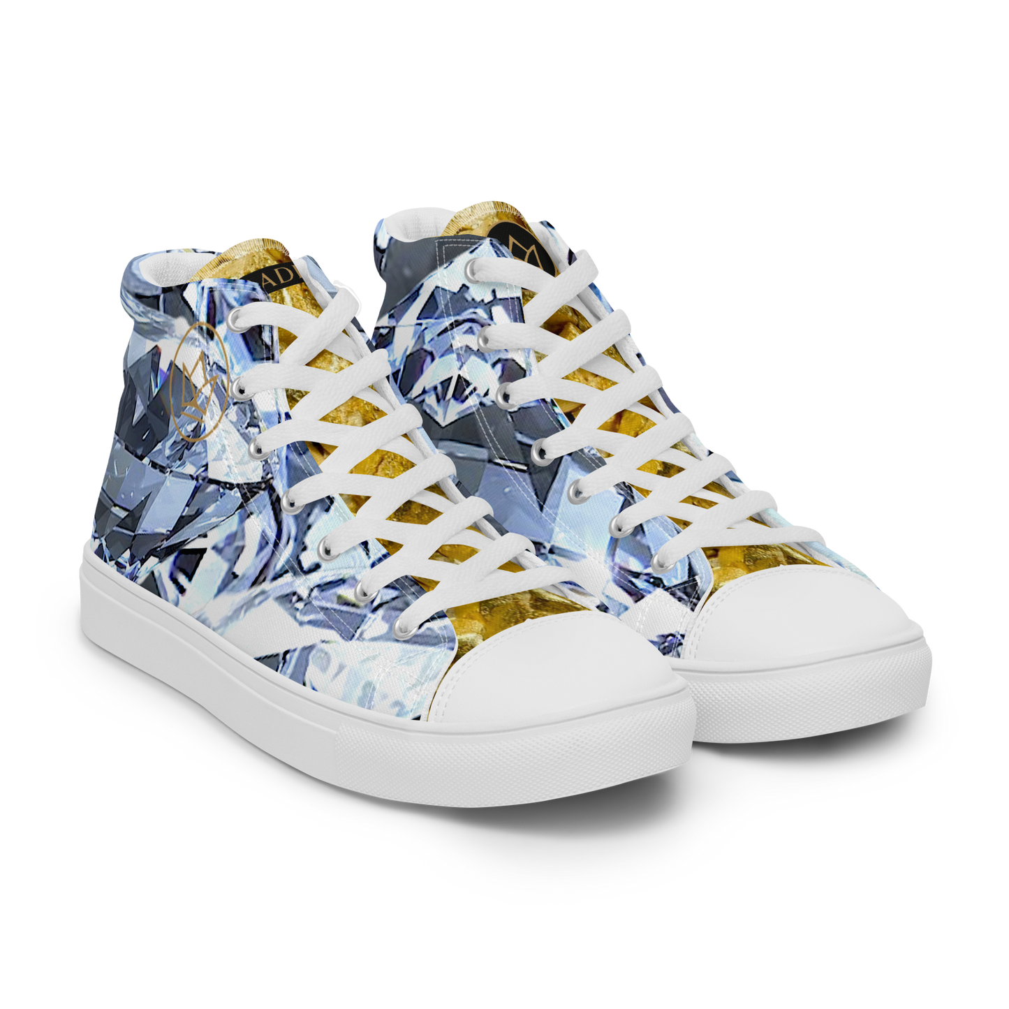 mens limited crystal diamond and gold high top canvas Sneakers with a exclusive, rare and luxury all over printed special diamond & gold color design made by absolut paradiso og, urban art streetwear fashion, phygitals an lifestyle brand. 
