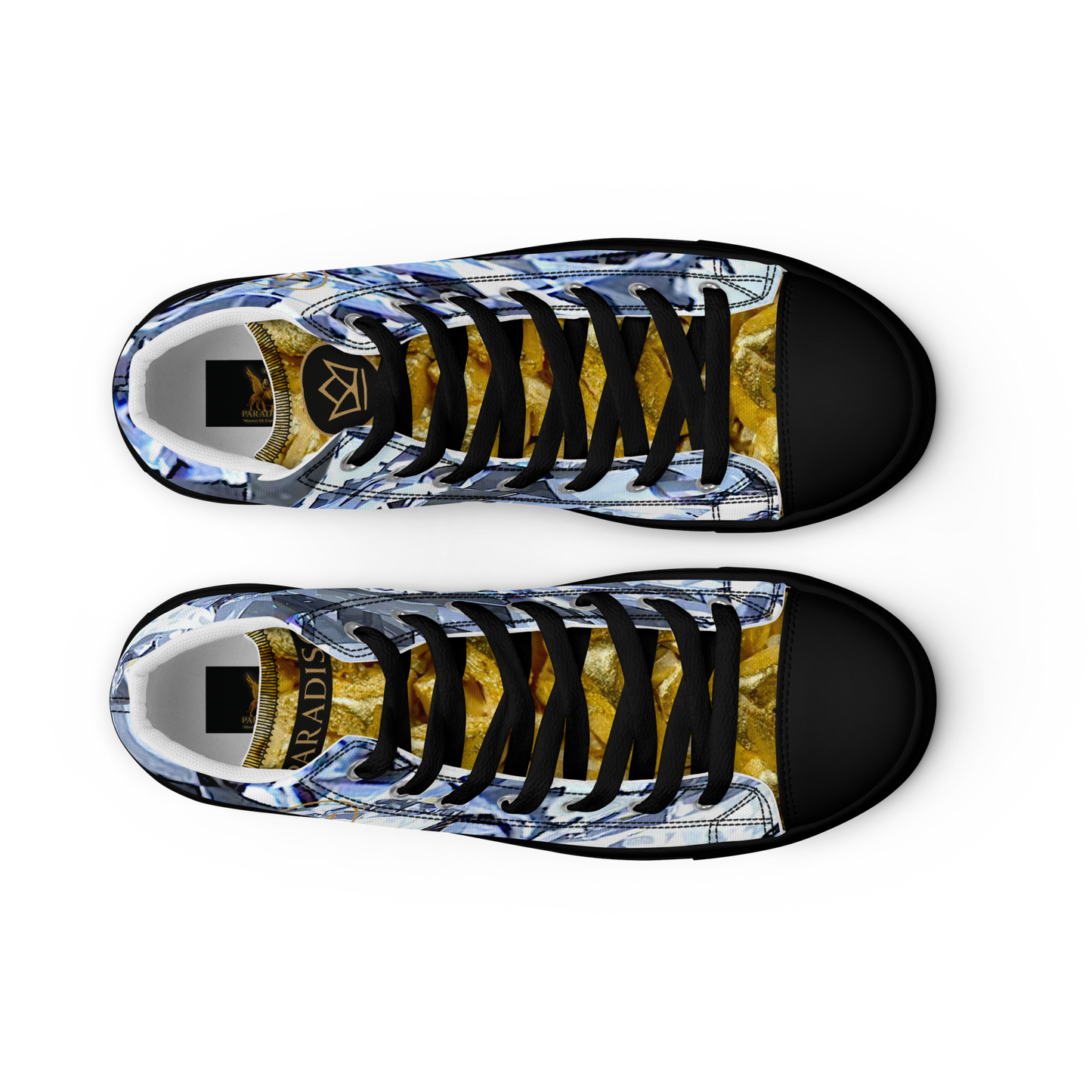 mens limited crystal diamond and gold high top canvas Sneakers with a exclusive, rare and luxury all over printed special diamond & gold color design made by absolut paradiso og, urban art streetwear fashion, phygitals an lifestyle brand. 
