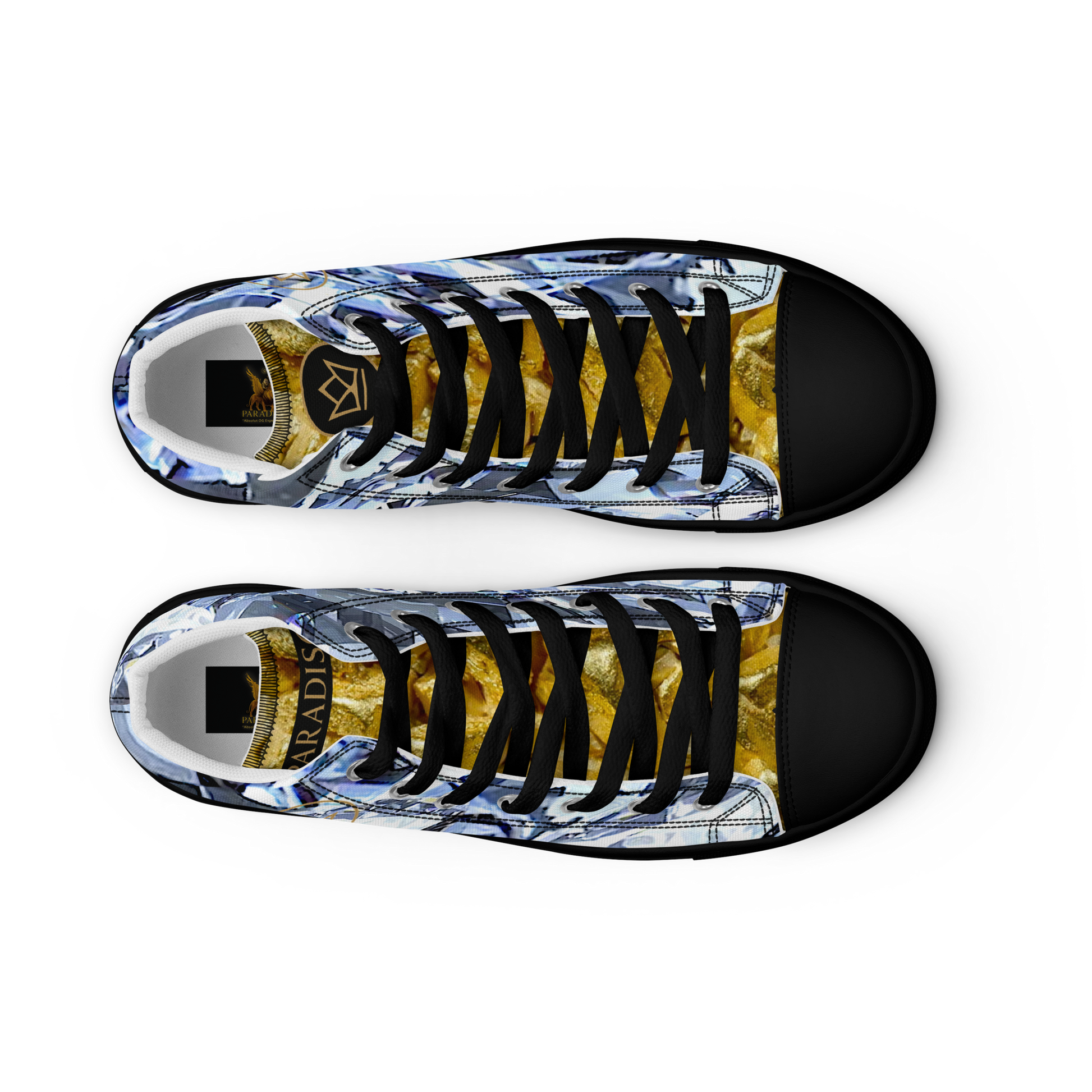 mens limited crystal diamond and gold high top canvas Sneakers with a exclusive, rare and luxury all over printed special diamond & gold color design made by absolut paradiso og, urban art streetwear fashion, phygitals an lifestyle brand. 

