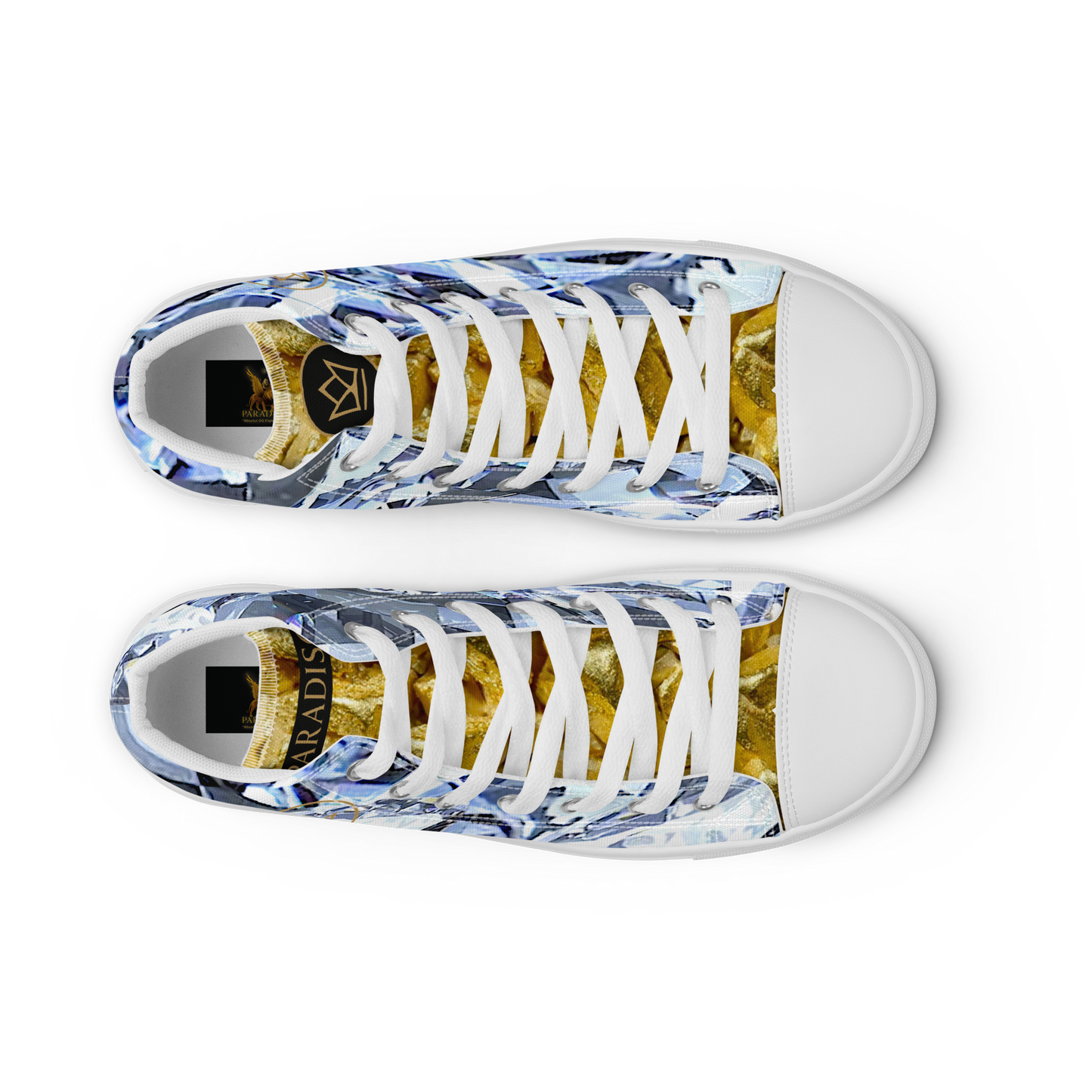 mens limited crystal diamond and gold high top canvas Sneakers with a exclusive, rare and luxury all over printed special diamond & gold color design made by absolut paradiso og, urban art streetwear fashion, phygitals an lifestyle brand. 
