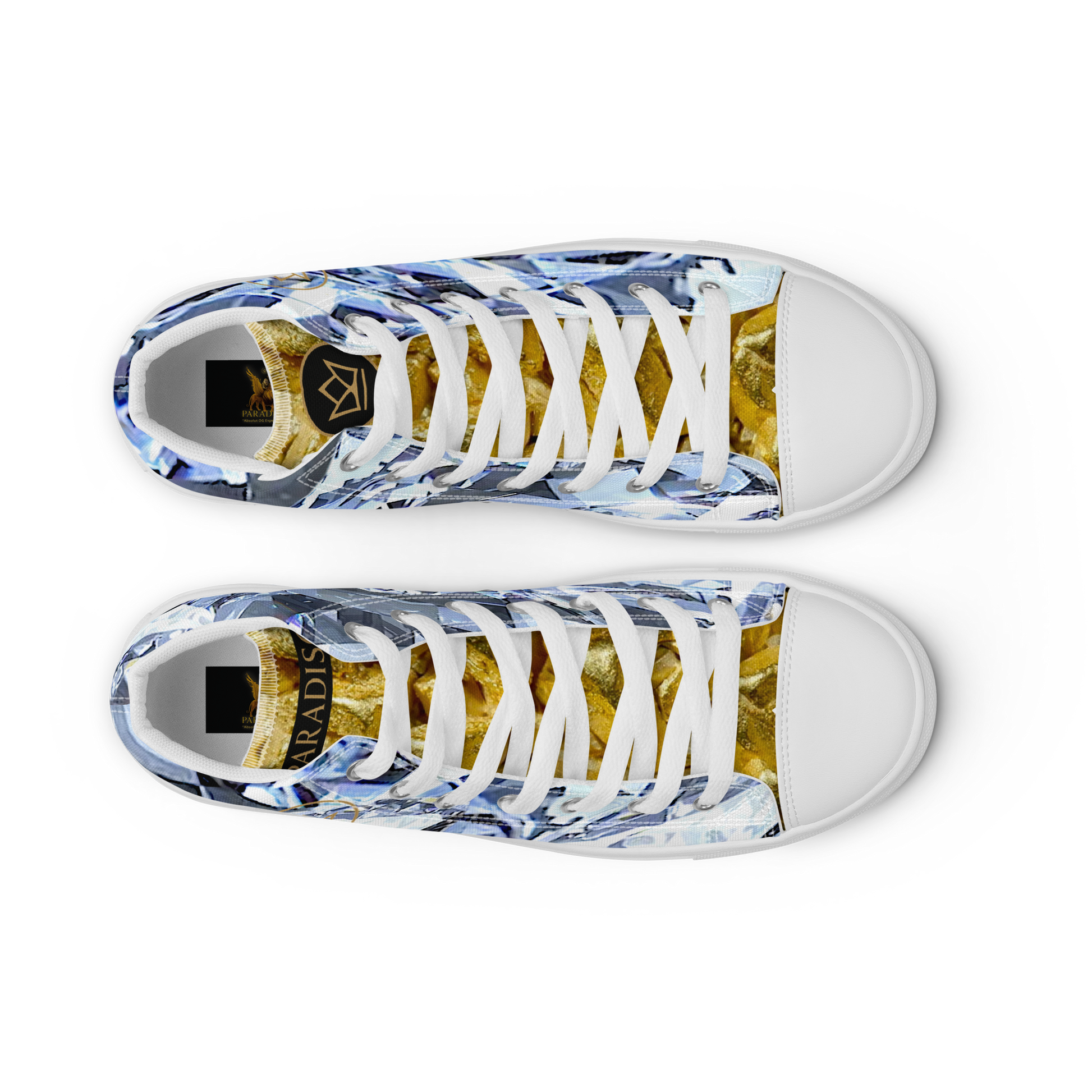 mens limited crystal diamond and gold high top canvas Sneakers with a exclusive, rare and luxury all over printed special diamond & gold color design made by absolut paradiso og, urban art streetwear fashion, phygitals an lifestyle brand. 
