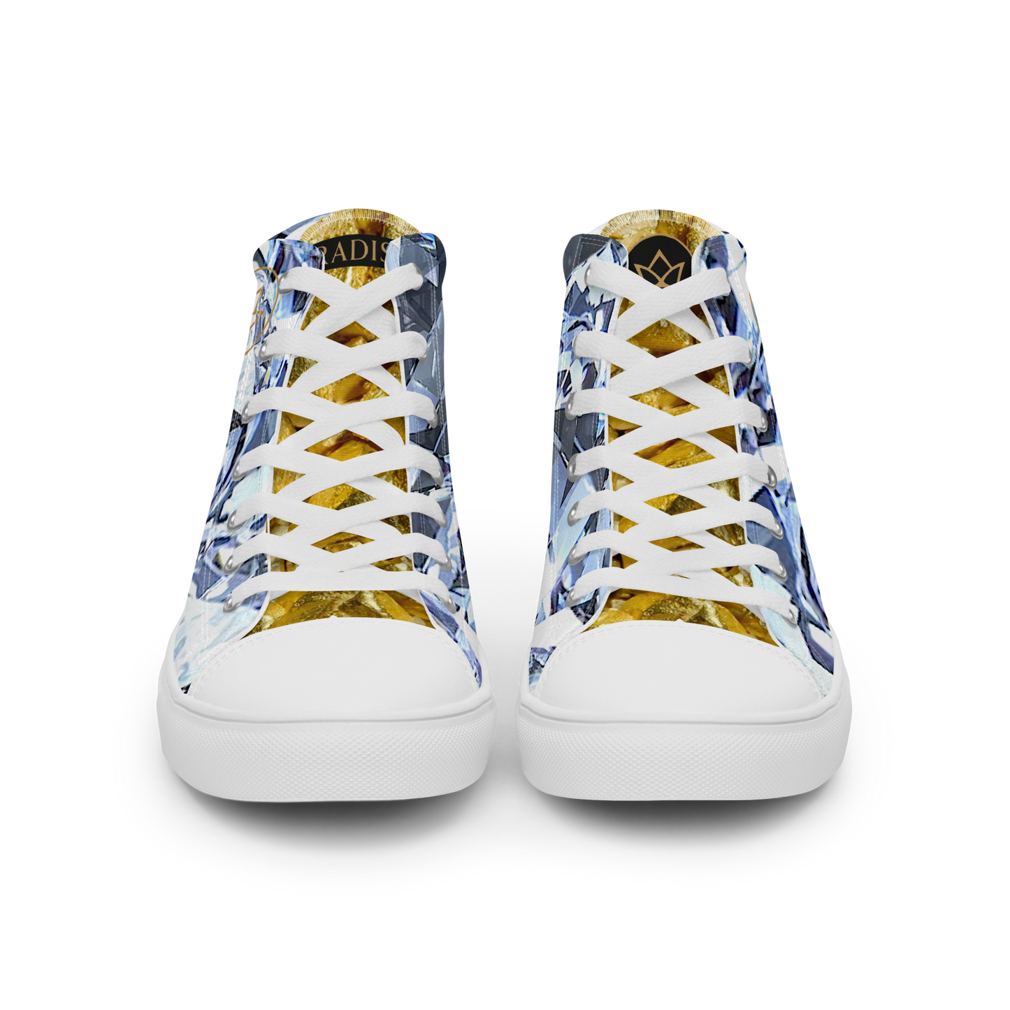 mens limited crystal diamond and gold high top canvas Sneakers with a exclusive, rare and luxury all over printed special diamond & gold color design made by absolut paradiso og, urban art streetwear fashion, phygitals an lifestyle brand. 
