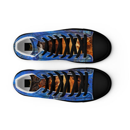 mens limited crystal and gemstone high top canvas Sneakers with a exclusive, rare and luxury all over printed color design in, orange topaz and blue lapis-lazuli color design made by absolut paradiso og, urban art streetwear fashion, phygitals an lifestyle brand. 
