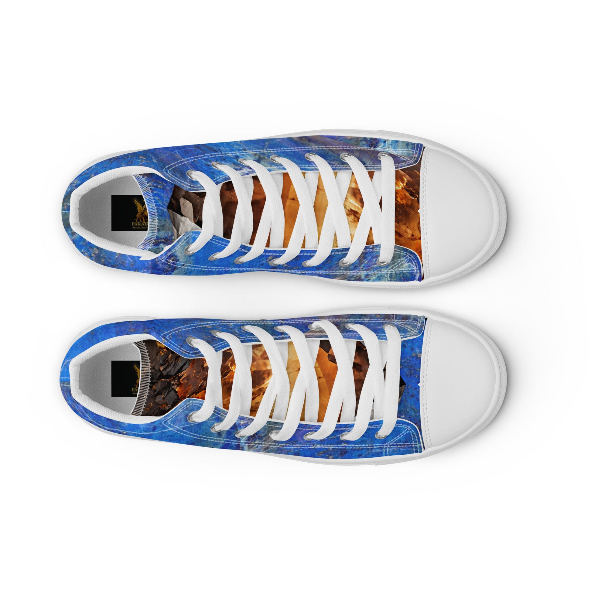 mens limited crystal and gemstone high top canvas Sneakers with a exclusive, rare and luxury all over printed color design in, orange topaz and blue lapis-lazuli color design made by absolut paradiso og, urban art streetwear fashion, phygitals an lifestyle brand. 

