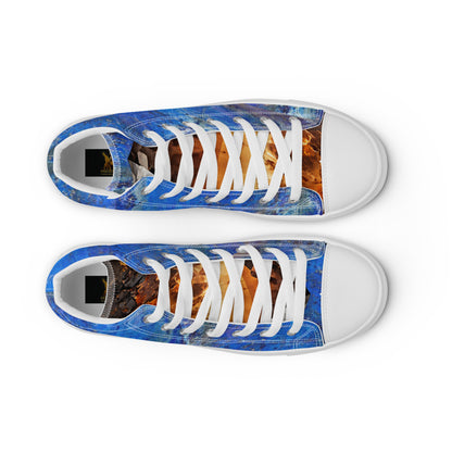 mens limited crystal and gemstone high top canvas Sneakers with a exclusive, rare and luxury all over printed color design in, orange topaz and blue lapis-lazuli color design made by absolut paradiso og, urban art streetwear fashion, phygitals an lifestyle brand. 

