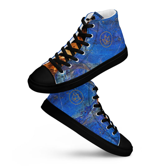mens limited crystal and gemstone high top canvas Sneakers with a exclusive, rare and luxury all over printed color design in, orange topaz and blue lapis-lazuli color design made by absolut paradiso og, urban art streetwear fashion, phygitals an lifestyle brand. 
