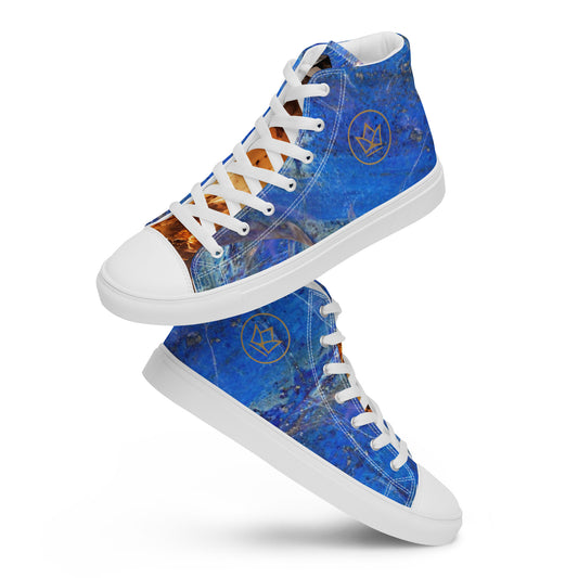 mens limited crystal and gemstone high top canvas Sneakers with a exclusive, rare and luxury all over printed color design in, orange topaz and blue lapis-lazuli color design made by absolut paradiso og, urban art streetwear fashion, phygitals an lifestyle brand. 

