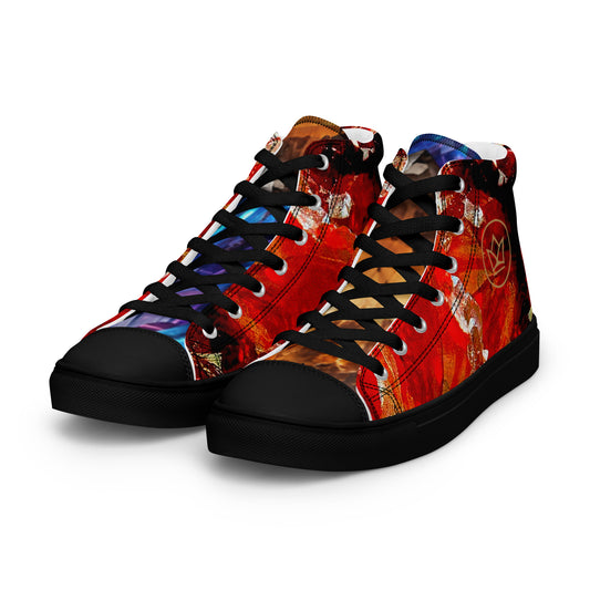 mens limited crystal high top canvas Sneakers with a  exclusive, unique and luxury all over printed color design in, red proustit, orange topaz and blue zircon crystal art-design made by paradiso og urban art streetwear fashion phygitals an lifestyle brand.