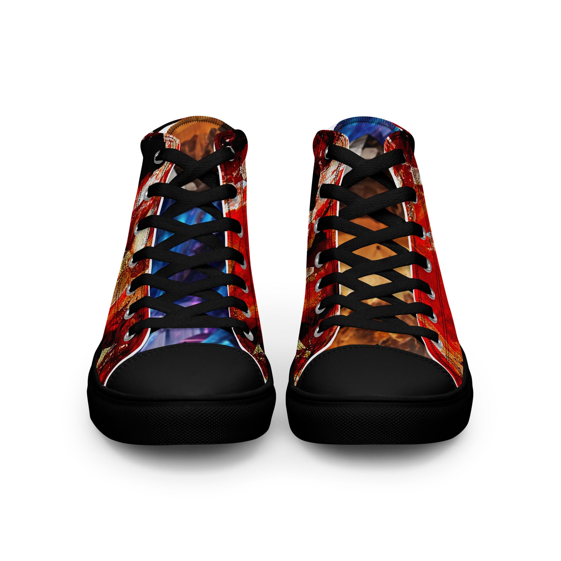 mens limited crystal high top canvas Sneakers with a  exclusive, unique and luxury all over printed color design in, red proustit, orange topaz and blue zircon crystal art-design made by absolut paradiso og, urban art streetwear fashion, phygitals and lifestyle brand. 
