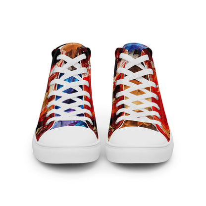 mens limited crystal high top canvas Sneakers with a  exclusive, unique and luxury all over printed color design in, red proustit, orange topaz and blue zircon crystal art-design made by absolut paradiso og, urban art streetwear fashion, phygitals an lifestyle brand. 