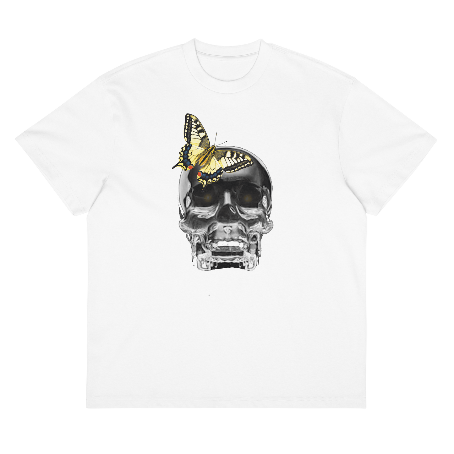 box t-shirt white, front crystal skull with butterfly print designed on oversized paradiso modern tee.