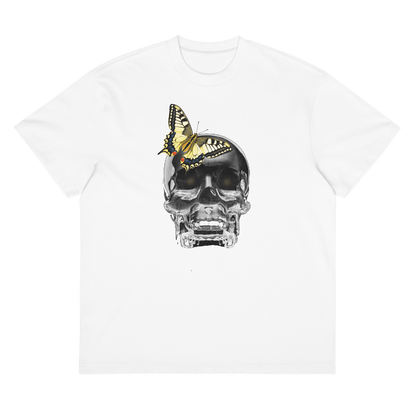 box t-shirt white, front crystal skull with butterfly print designed on oversized paradiso modern tee.