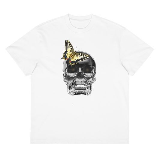 box t-shirt white, front crystal skull with butterfly print designed on oversized paradiso modern tee.