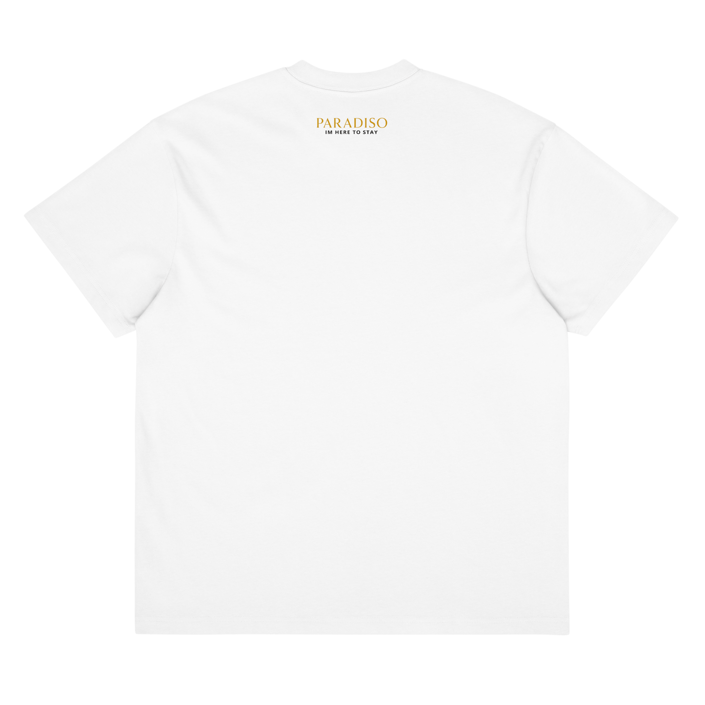 mens oversized paradiso gold logo print, box-tee white back side.