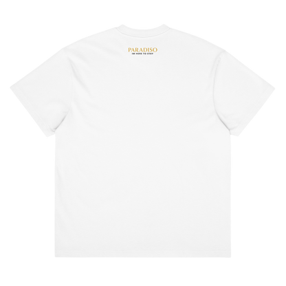 mens oversized paradiso gold logo print, box-tee white back side.