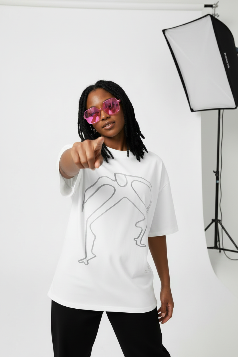 Paradiso No.10 Limited Edition Oversized T-Shirt in white – rasta girl model - Front View – NFT-Backed One-Liner Artwork by Solo Paradiso – Only 333 Ever Produced – Polygon Blockchain