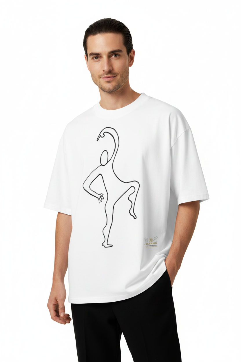 Paradiso No.109 Limited Edition Oversized T-Shirt in white – model Front View – NFT-Backed One-Liner Artwork by Solo Paradiso – Only 333 Ever Produced – Polygon Blockchain